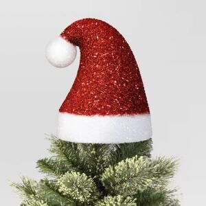 Tinsel Floppy Santa Claus Hat Christmas Tree Topper 10" Shimmer Holiday RedWhite